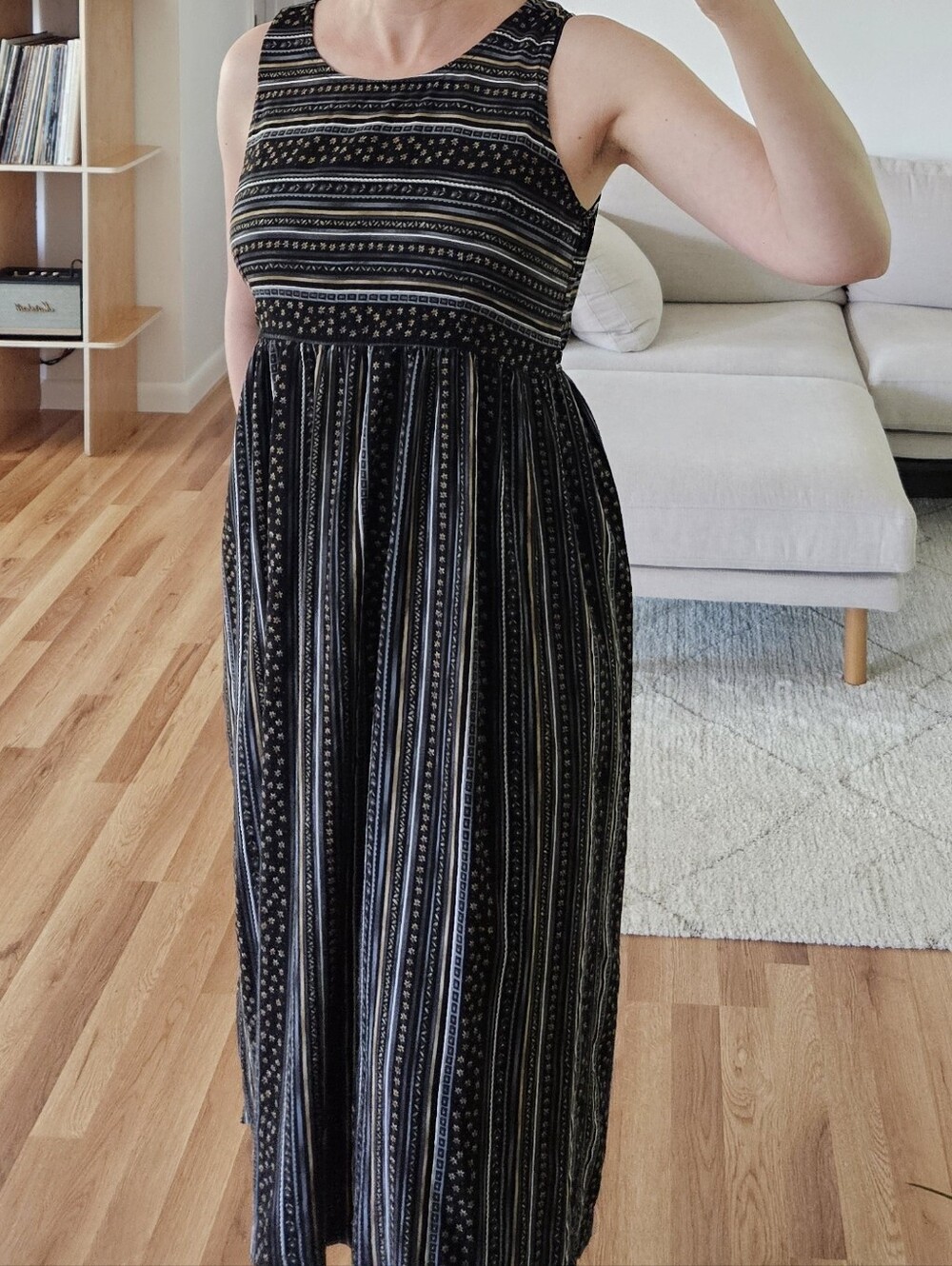 vtg stripe floral black cottage midi dress 90s y2k grunge boho indie urban - Picture 7 of 8